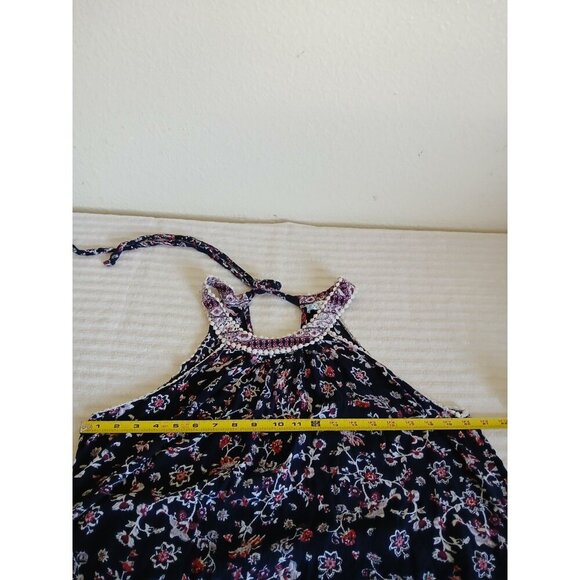 J. Gee Boho Floral Halter Dress Tunic M Navy Blue Embroidered Trim Sleeveless - Picture 10 of 13